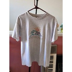 Manhattan Beach Tshirt - Vintage Embroidered Dolphin Shirt - Size Large Neon 90s